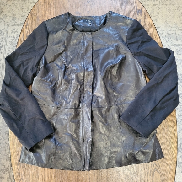 Talbots Black Lamb Skin Leather Jacket with Knit Sleeves Size Women's 12W - Picture 1 of 14